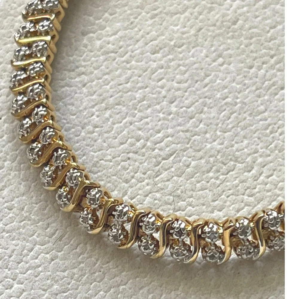 Vtg 925 Sterling Silver Gold Vermeil CZ Tennis Bracelet 7.25" Wave Link Design - Picture 7 of 10